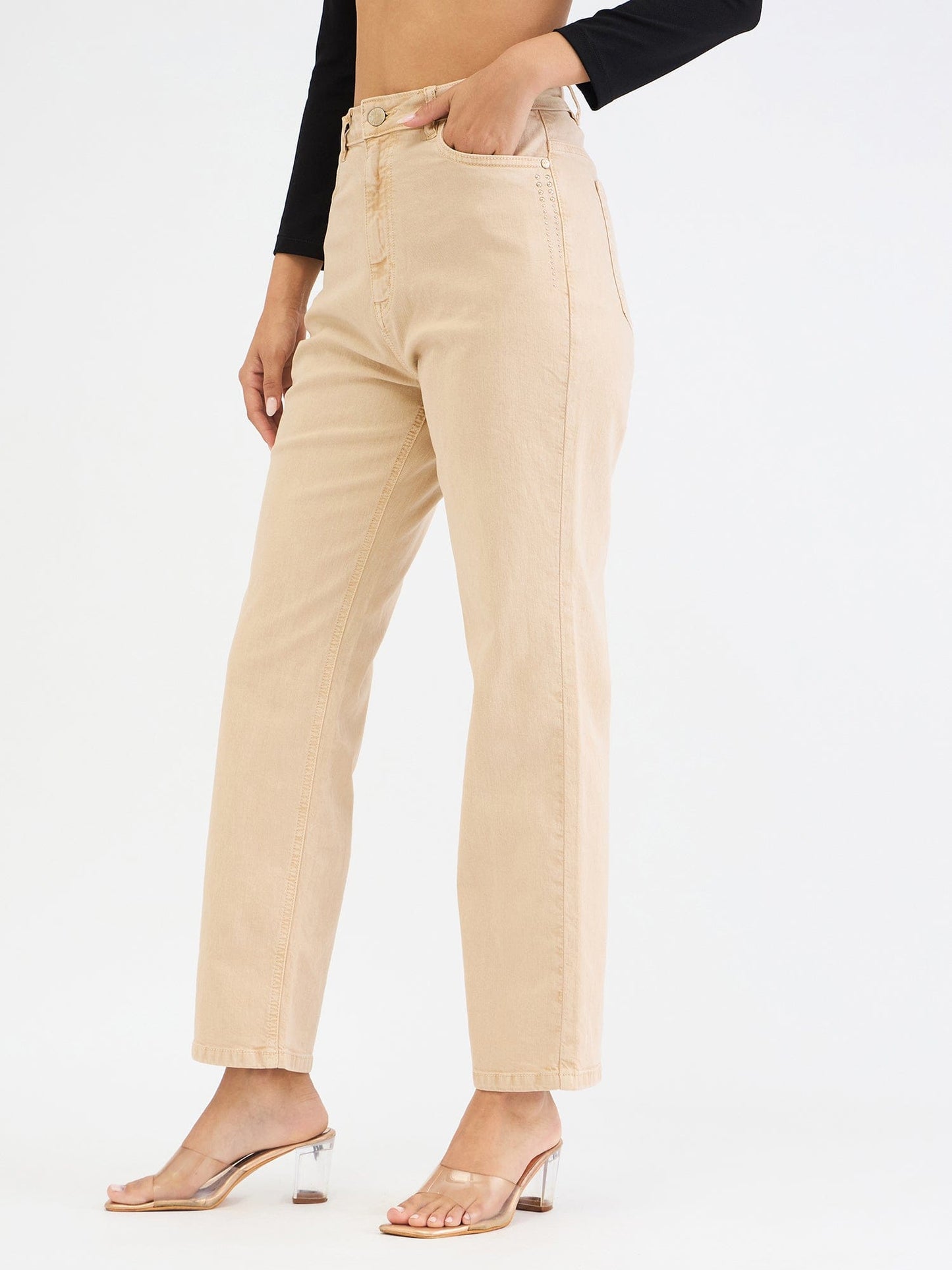 Elle Women Beige Straight Fit Solid Jeans