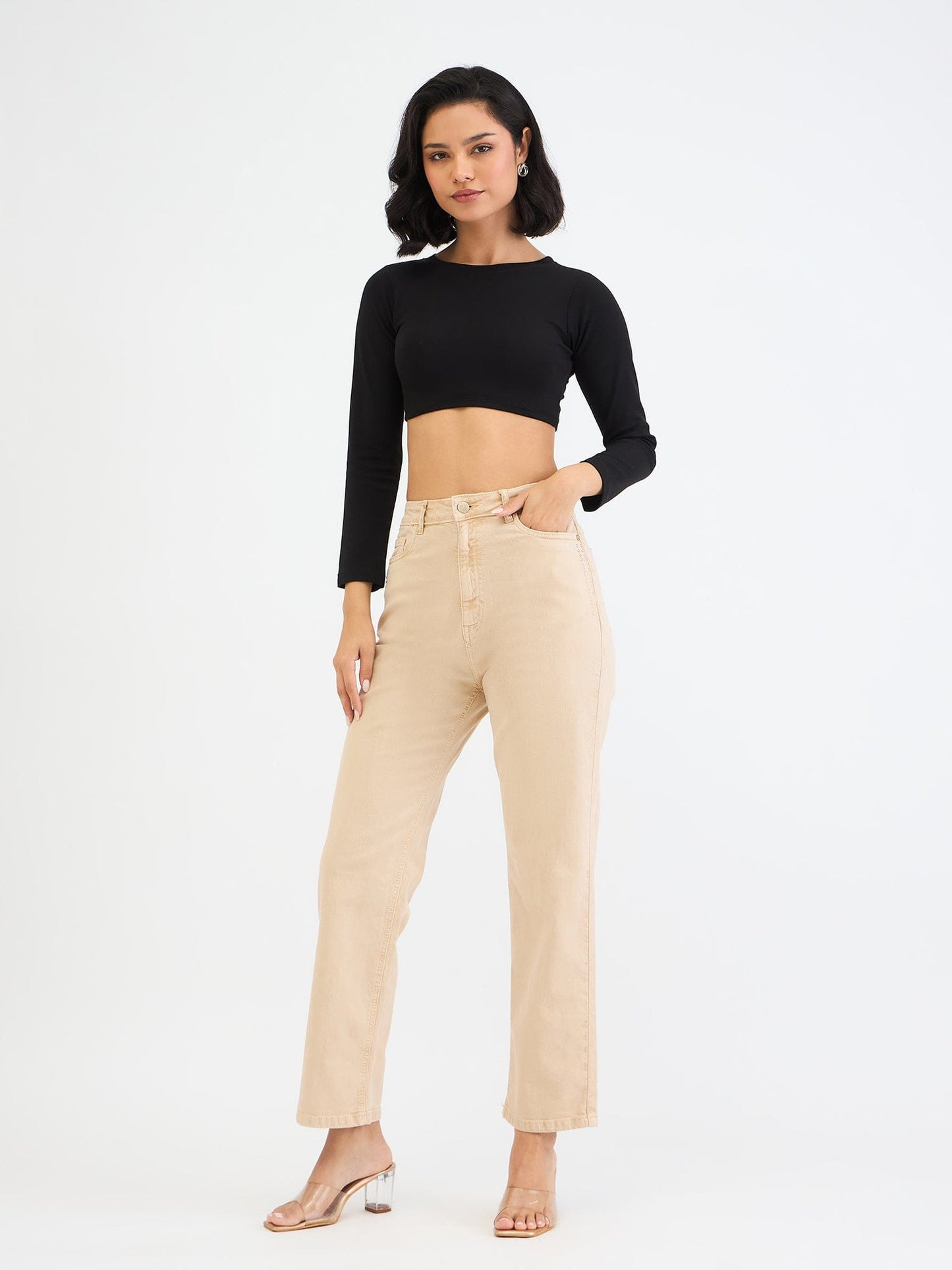 Elle Women Beige Straight Fit Solid Jeans