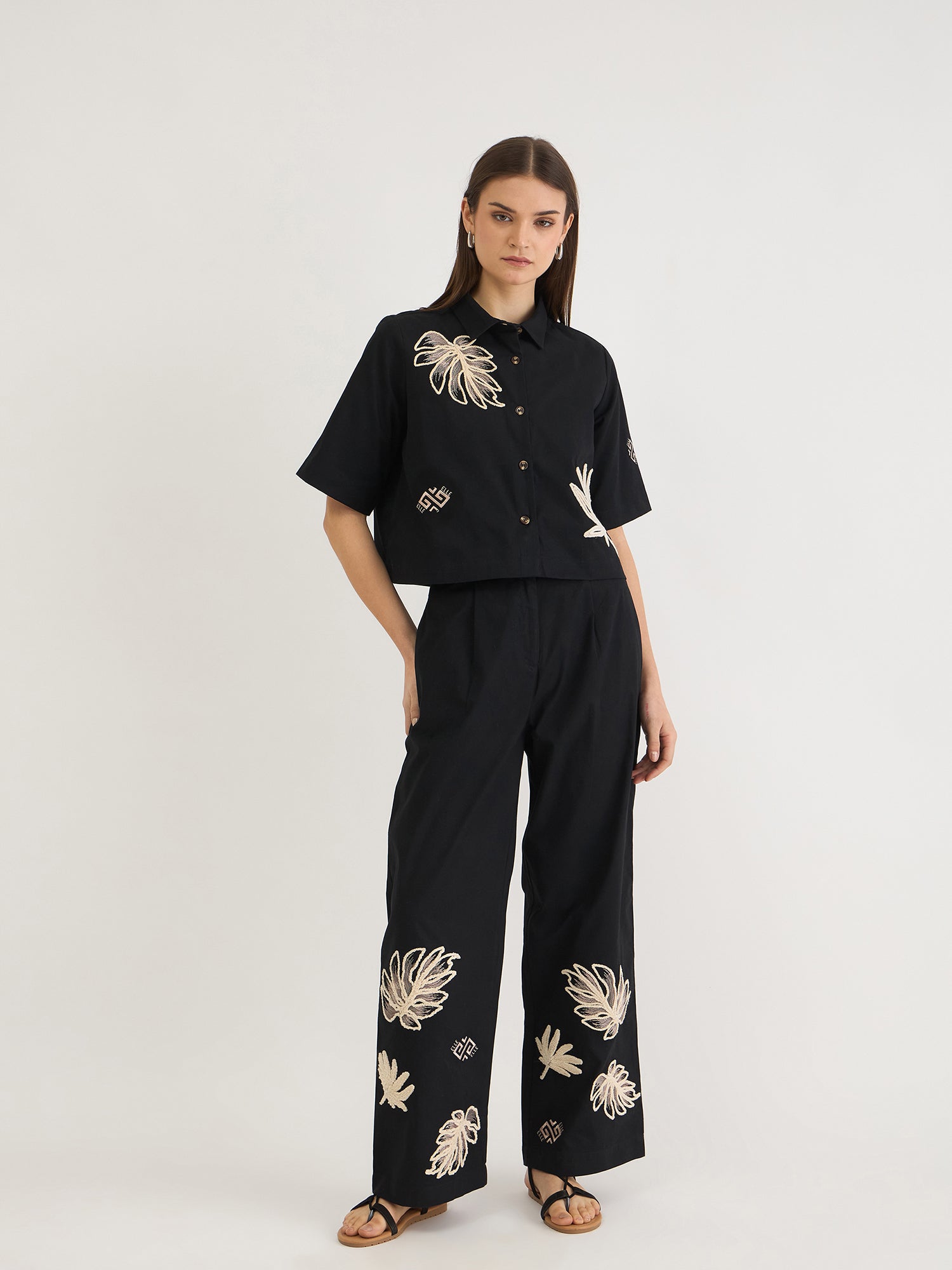 Elle Women Black Embroidered Collar Top