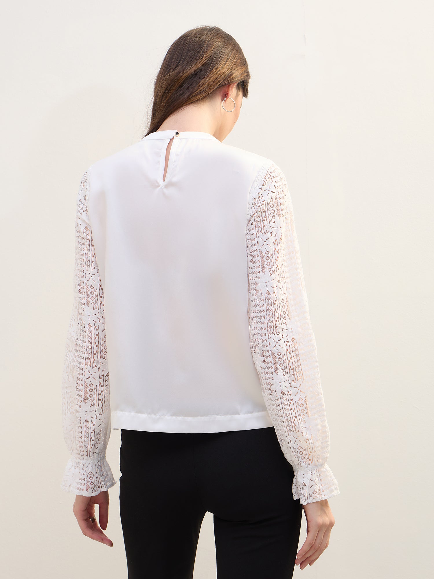 Iconic Women White Tucks & Lace Round Neck Top