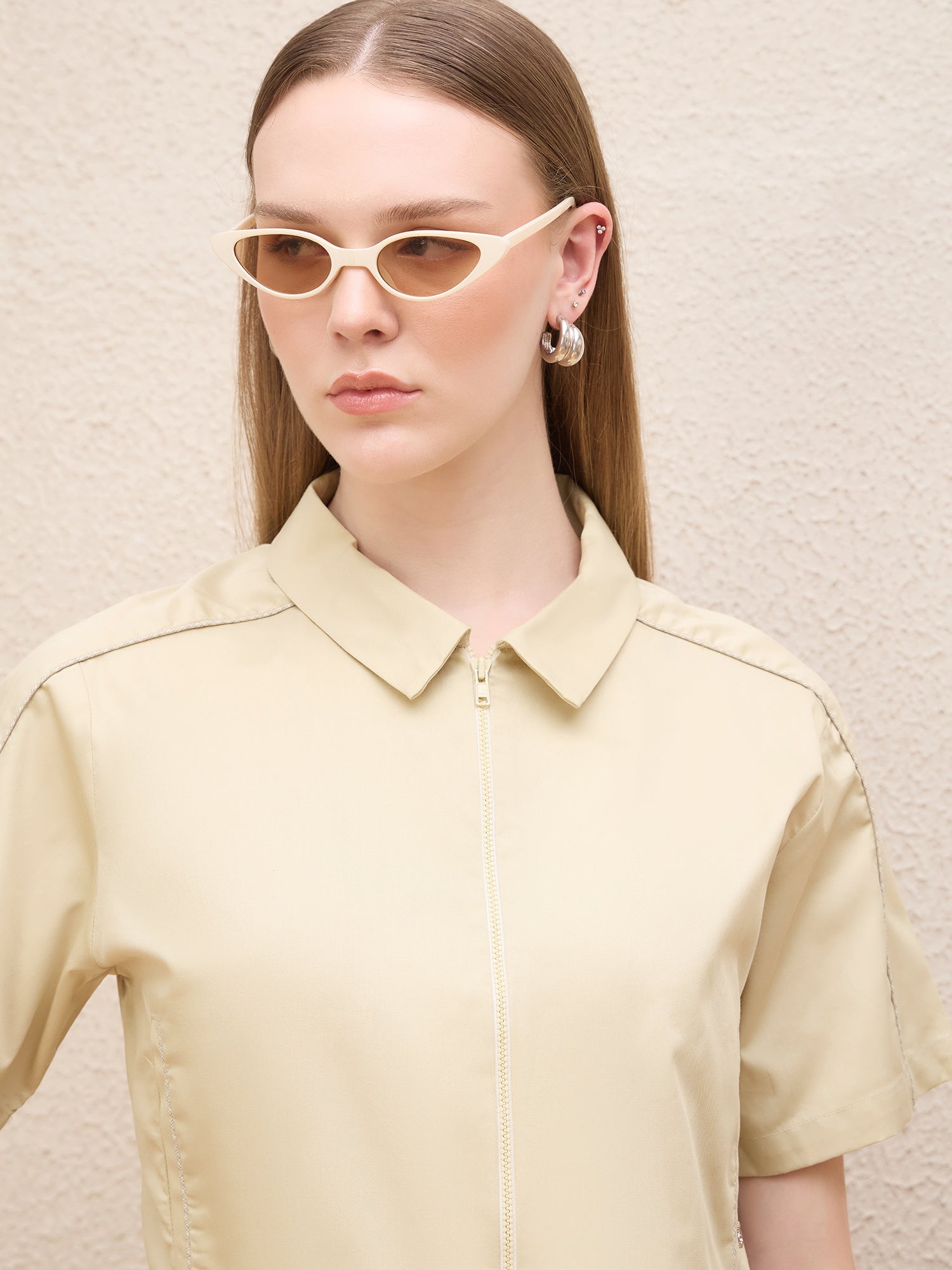 Iconic Women Cream Solid Collar Shirt