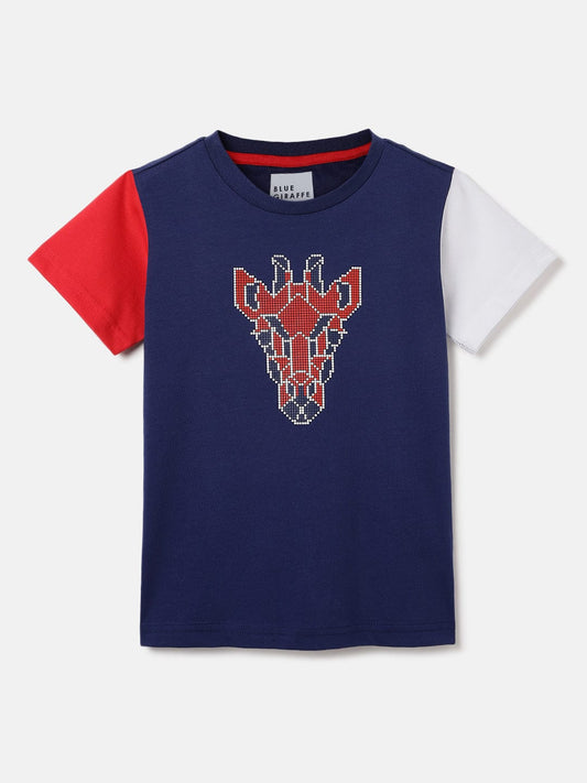Blue Giraffe Kids Blue Color Block Crew Neck Tshirt
