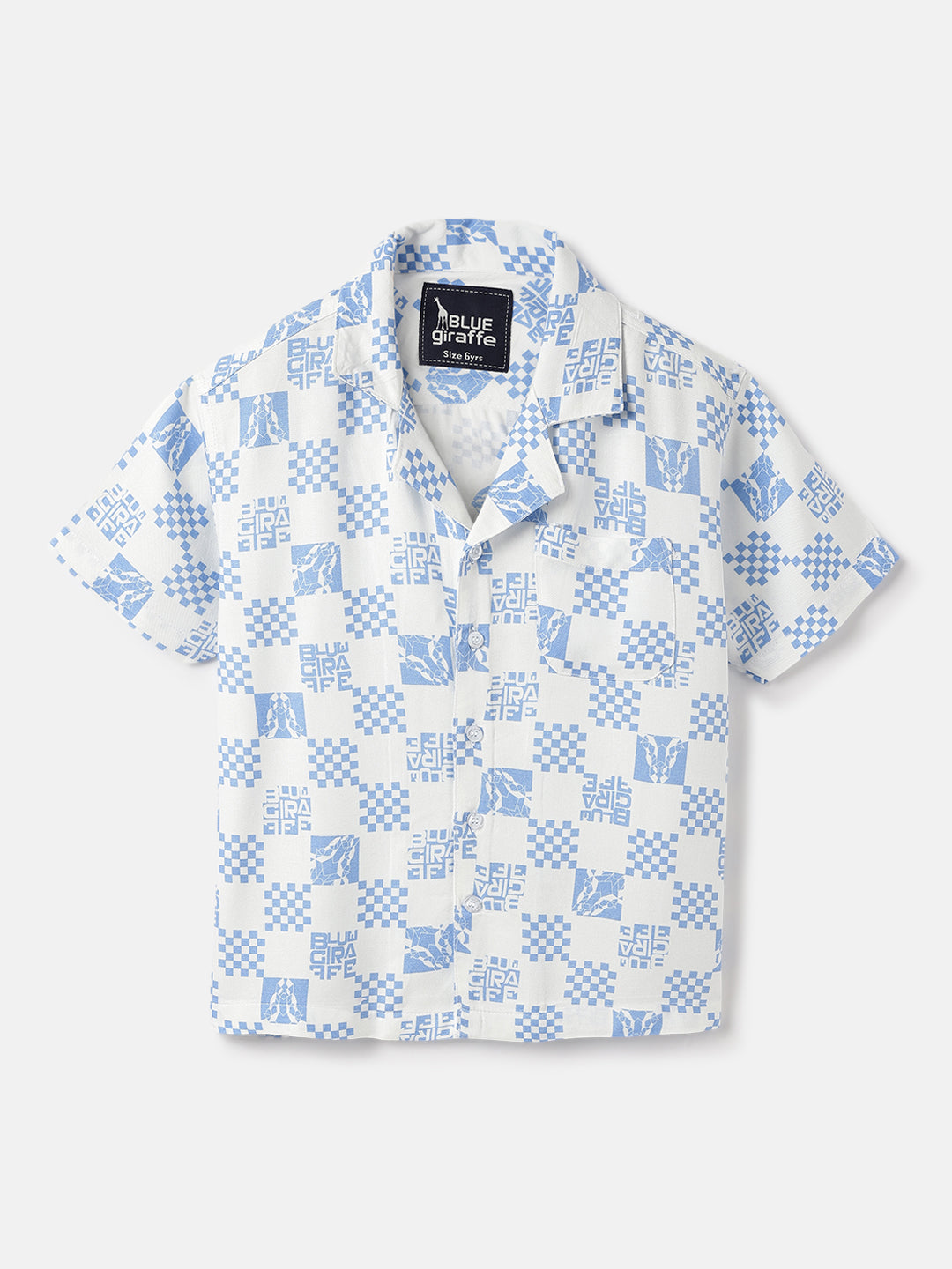 Blue Giraffe Kids White Printed Resort Collar Shirt
