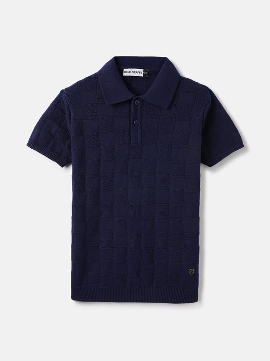 Blue Giraffe Kids Blue Textured Polo Tshirt