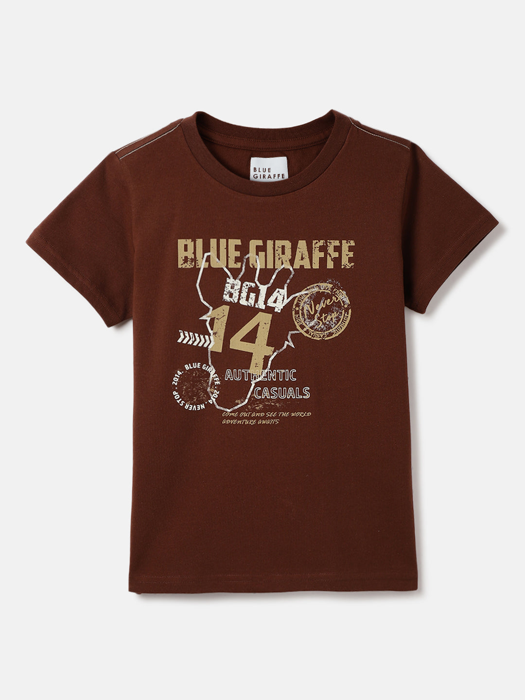 Blue Giraffe Boys Brown Solid Crew Neck Tshirt