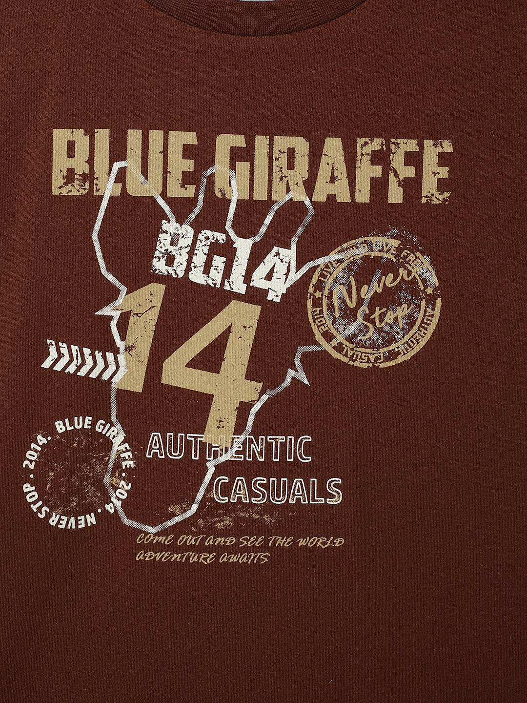 Blue Giraffe Boys Brown Solid Crew Neck Tshirt