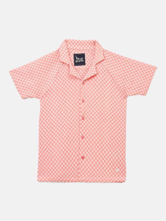 Blue Giraffe Boys Pink Jacquard Checks Resort Collar Shirt