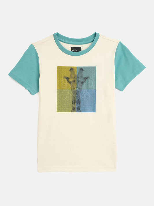 Blue Giraffe Boys Cream Solid Crew Neck Tshirt