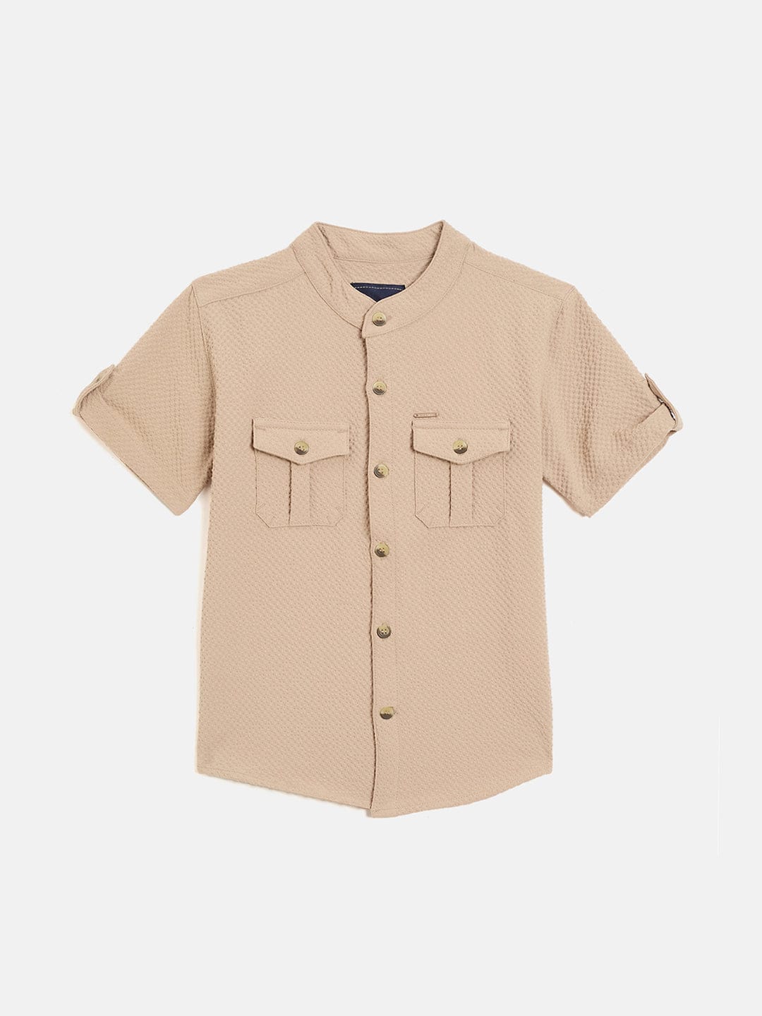 Blue Giraffe Boys Beige Solid Band Collar Shirt