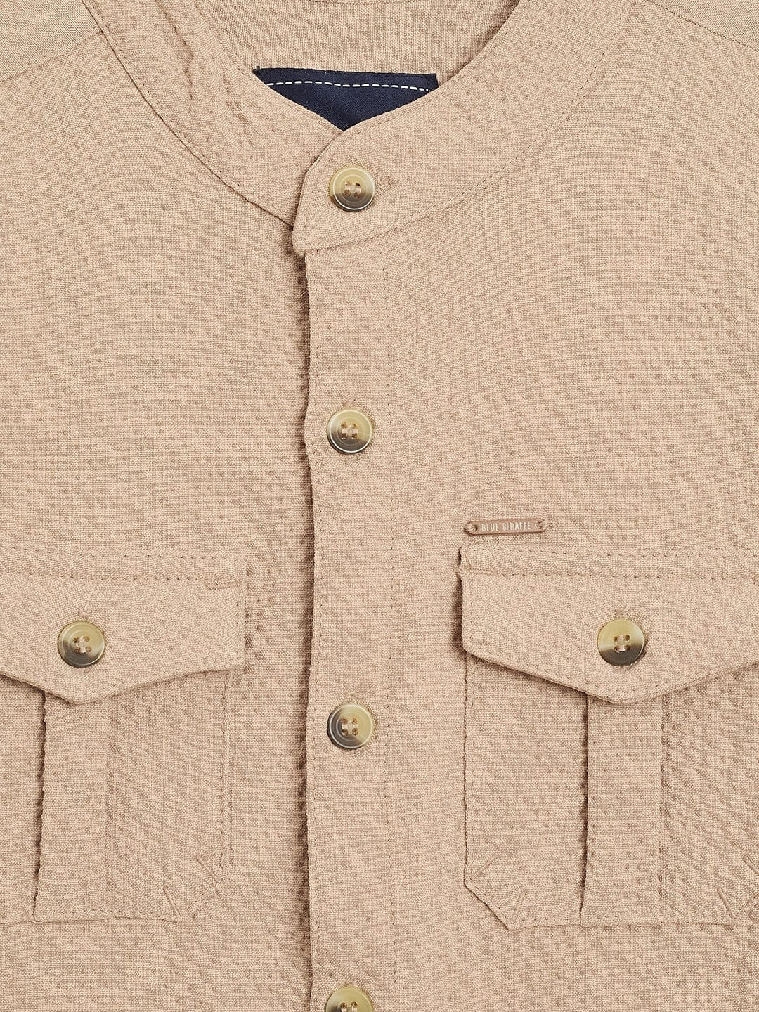 Blue Giraffe Boys Beige Solid Band Collar Shirt