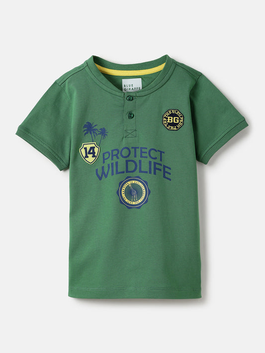 Blue Giraffe Boys Green Solid Henley Collar TShirt
