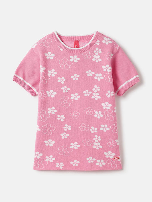 Blue Giraffe Girls Pink All Over Floral Jacquard Round Neck TShirt