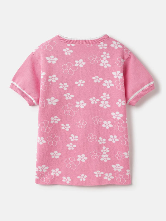 Blue Giraffe Girls Pink All Over Floral Jacquard Round Neck TShirt