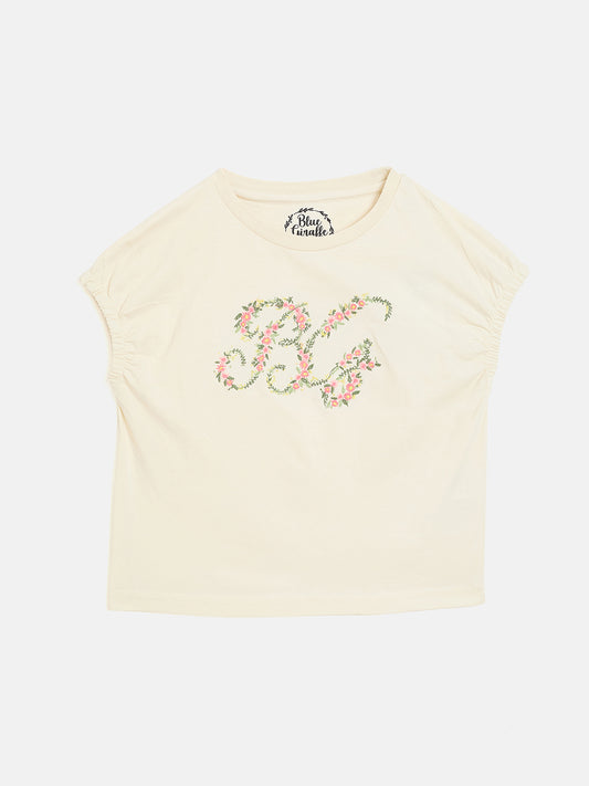 Blue Giraffe Girls Cream Solid Round Neck Tshirt