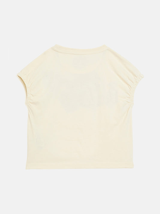 Blue Giraffe Girls Cream Solid Round Neck Tshirt