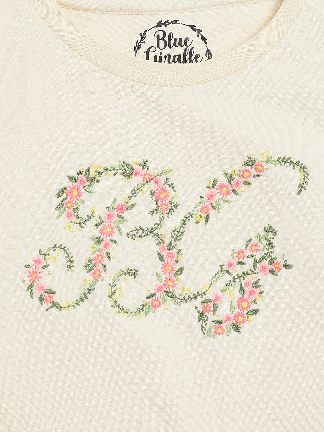 Blue Giraffe Girls Cream Solid Round Neck Tshirt