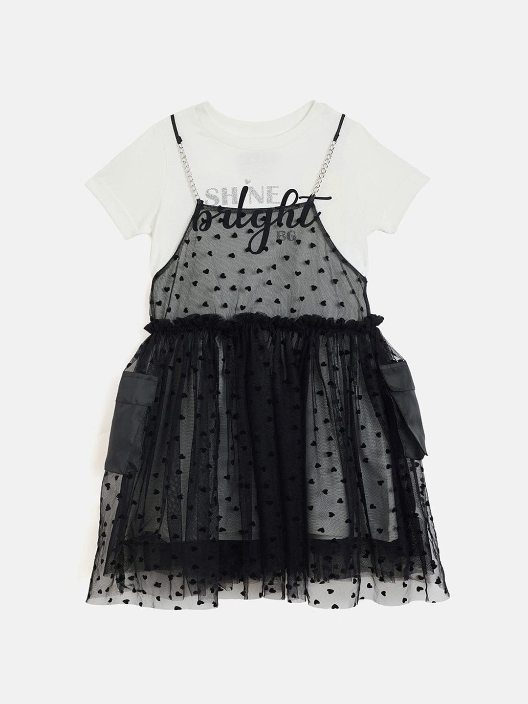 Blue Giraffe Girls White All Over Flock Print Round Neck Dress