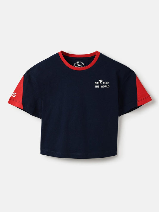 Blue Giraffe Girls Blue Solid Round Neck TShirt