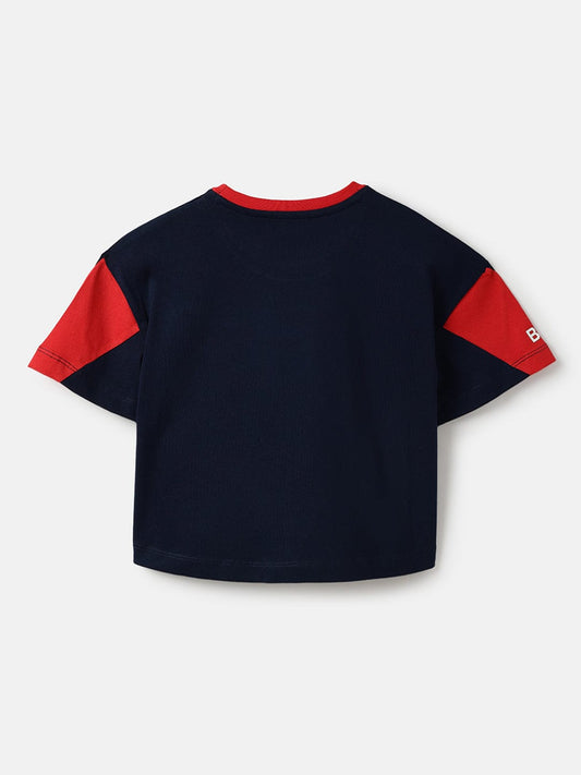 Blue Giraffe Girls Blue Solid Round Neck TShirt