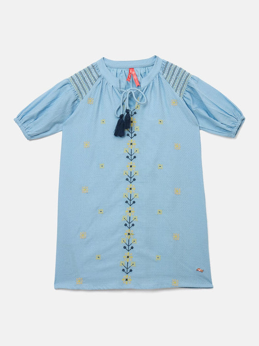 Blue Giraffe Girls Blue Solid Band Collar Dress
