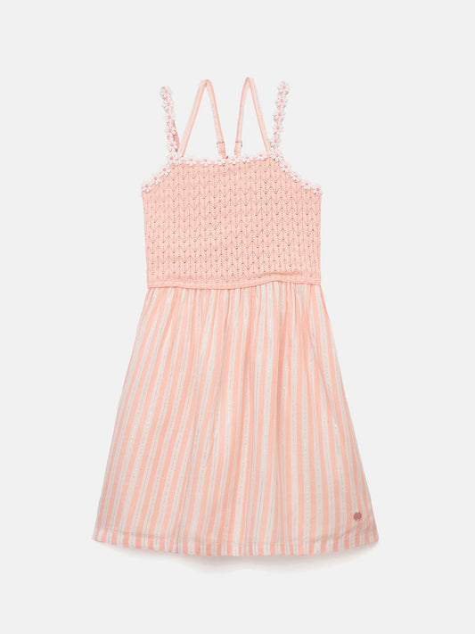 Blue Giraffe Girls Pink Solid+Yarn Dyed Striped Square Neck Dress