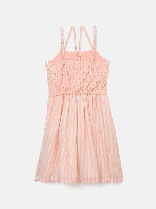 Blue Giraffe Girls Pink Solid+Yarn Dyed Striped Square Neck Dress