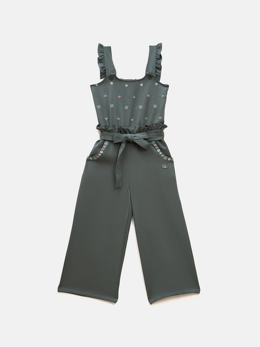 Elle Kids Green Solid Round Neck Jumpsuit