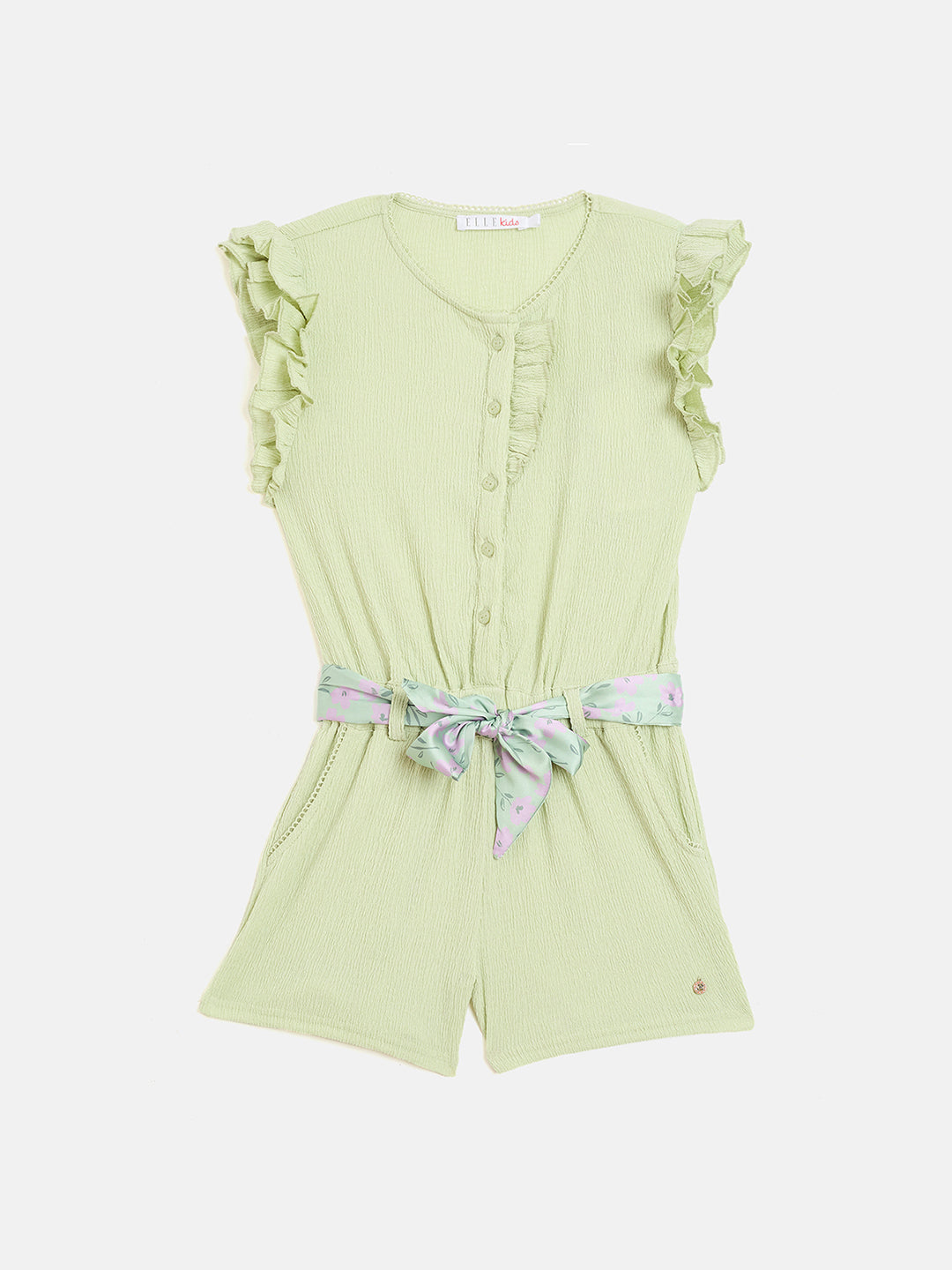 Elle Kids Green Solid Round Neck Playsuit