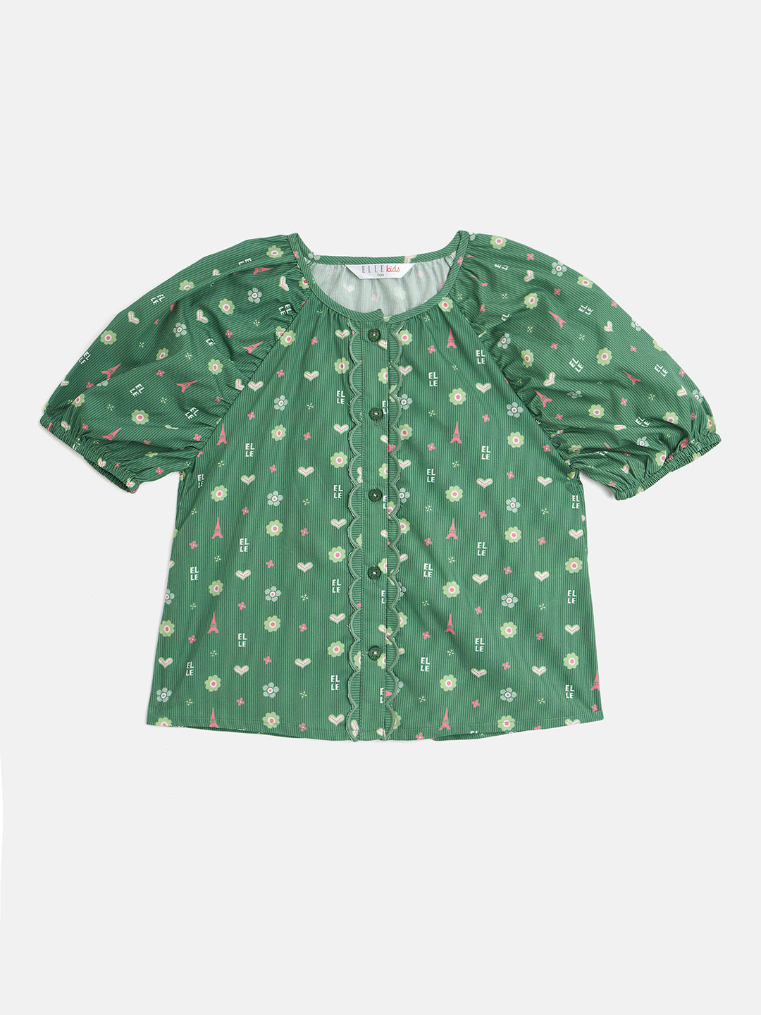 Elle Kids Green Printed Round Neck Top