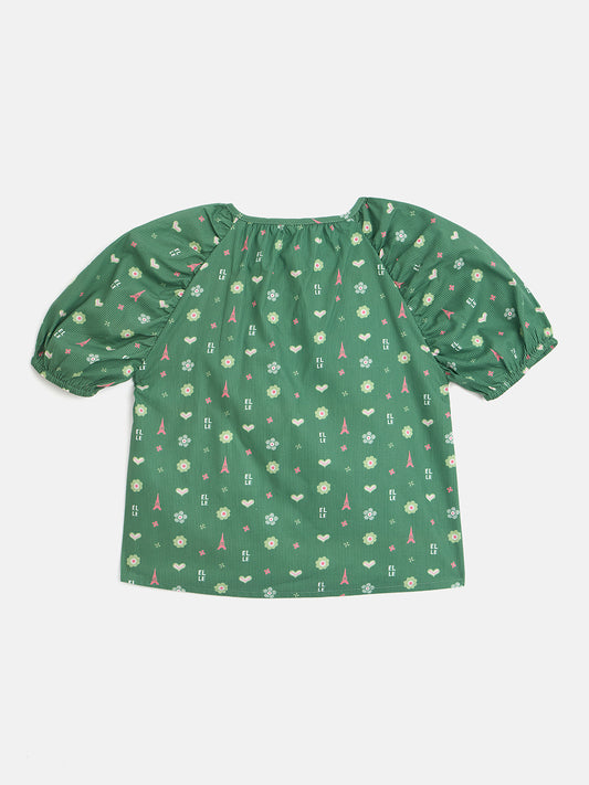 Elle Kids Green Printed Round Neck Top