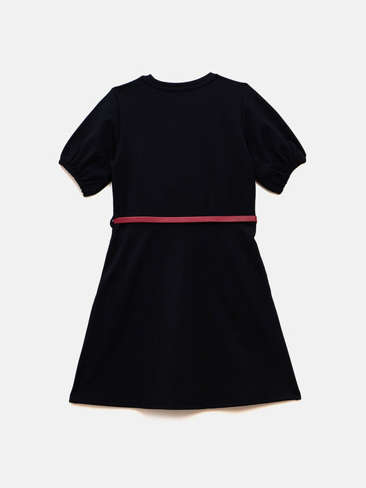 Elle Kids Blue Solid Round Neck Dress