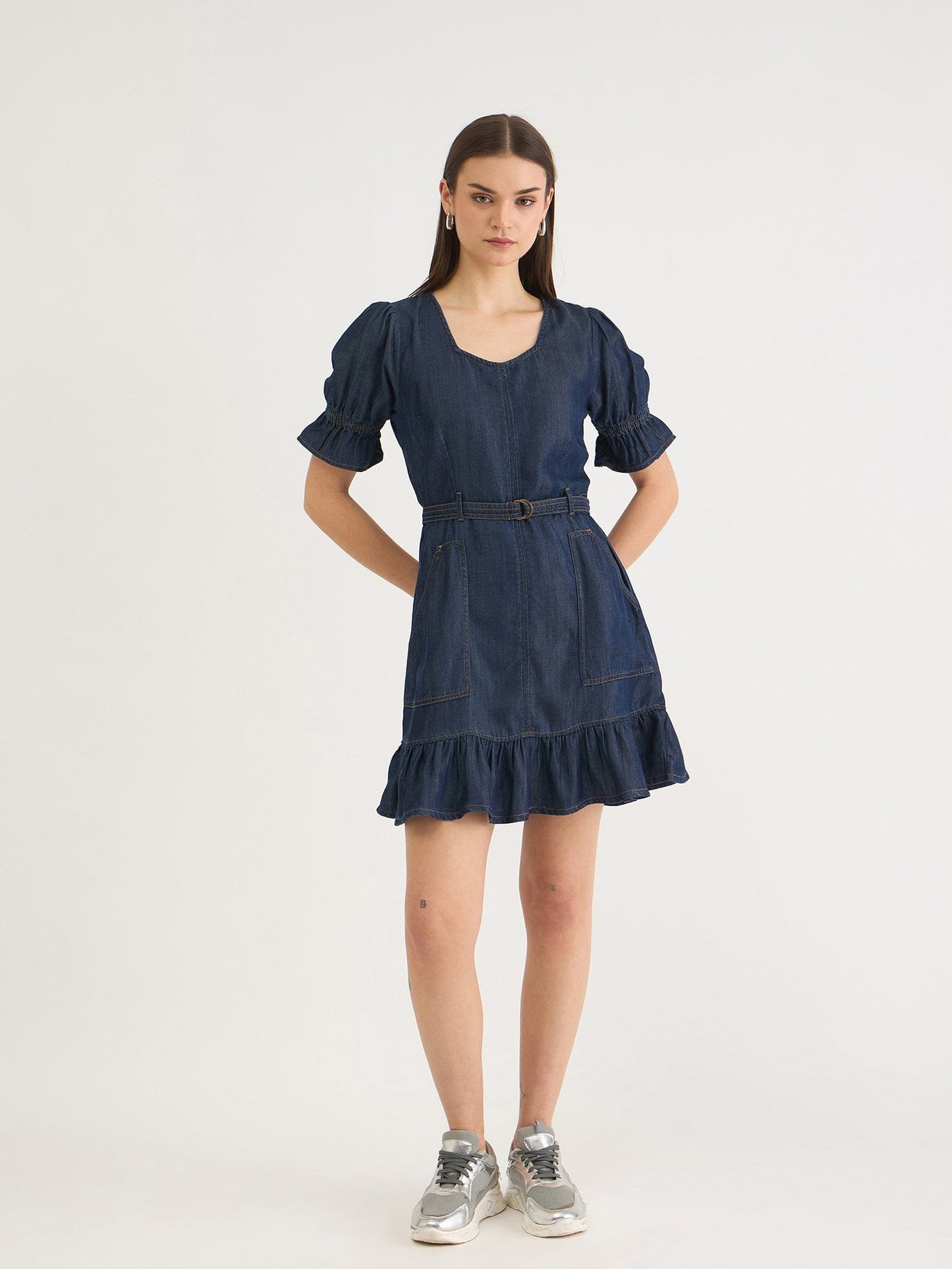 Elle Women Blue Denim Sweetheart Neck Dress