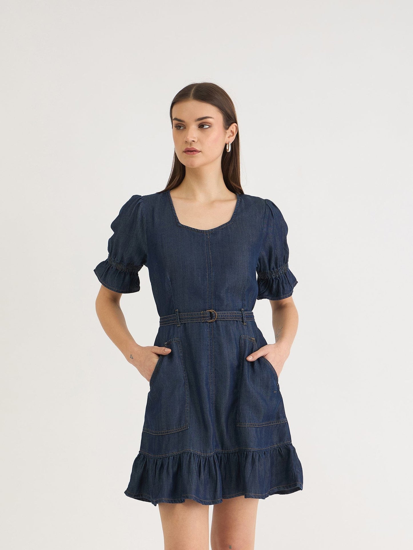 Elle Women Blue Denim Sweetheart Neck Dress