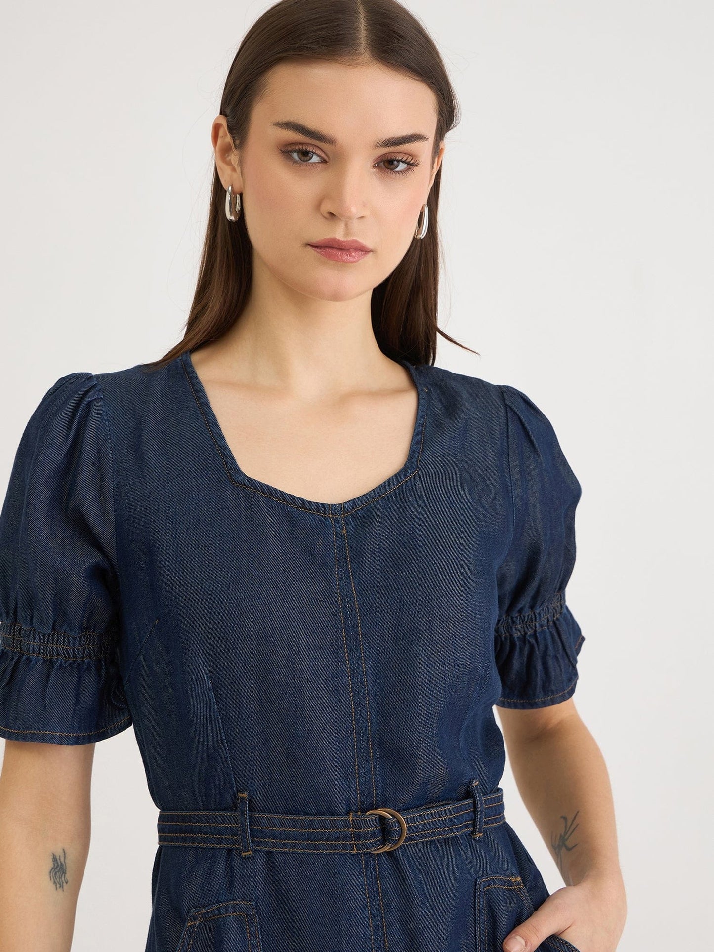 Elle Women Blue Denim Sweetheart Neck Dress