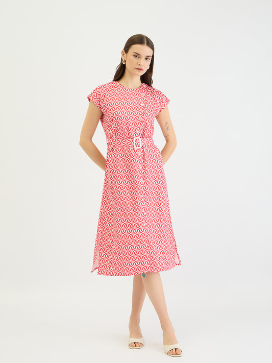 Elle Women Pink Printed Round Neck Dress