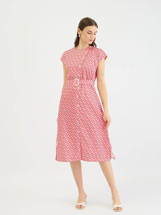 Elle Women Pink Printed Round Neck Dress