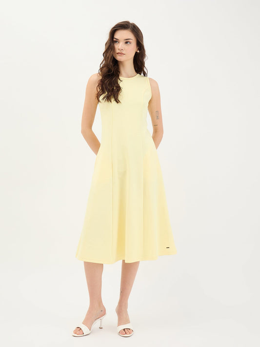 Elle Women Yellow Solid Round Neck Dress