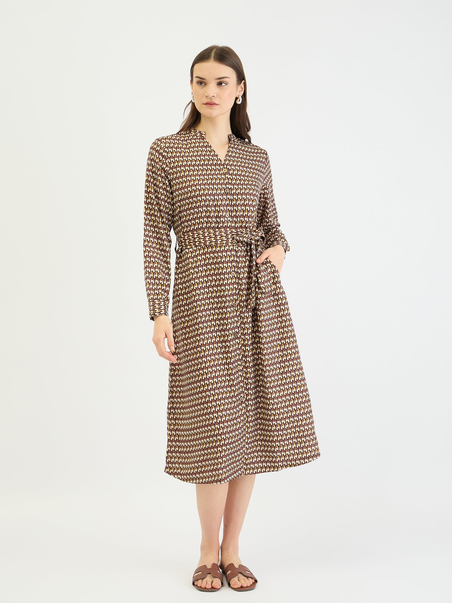 Elle Women Brown Printed Band Collar Dress