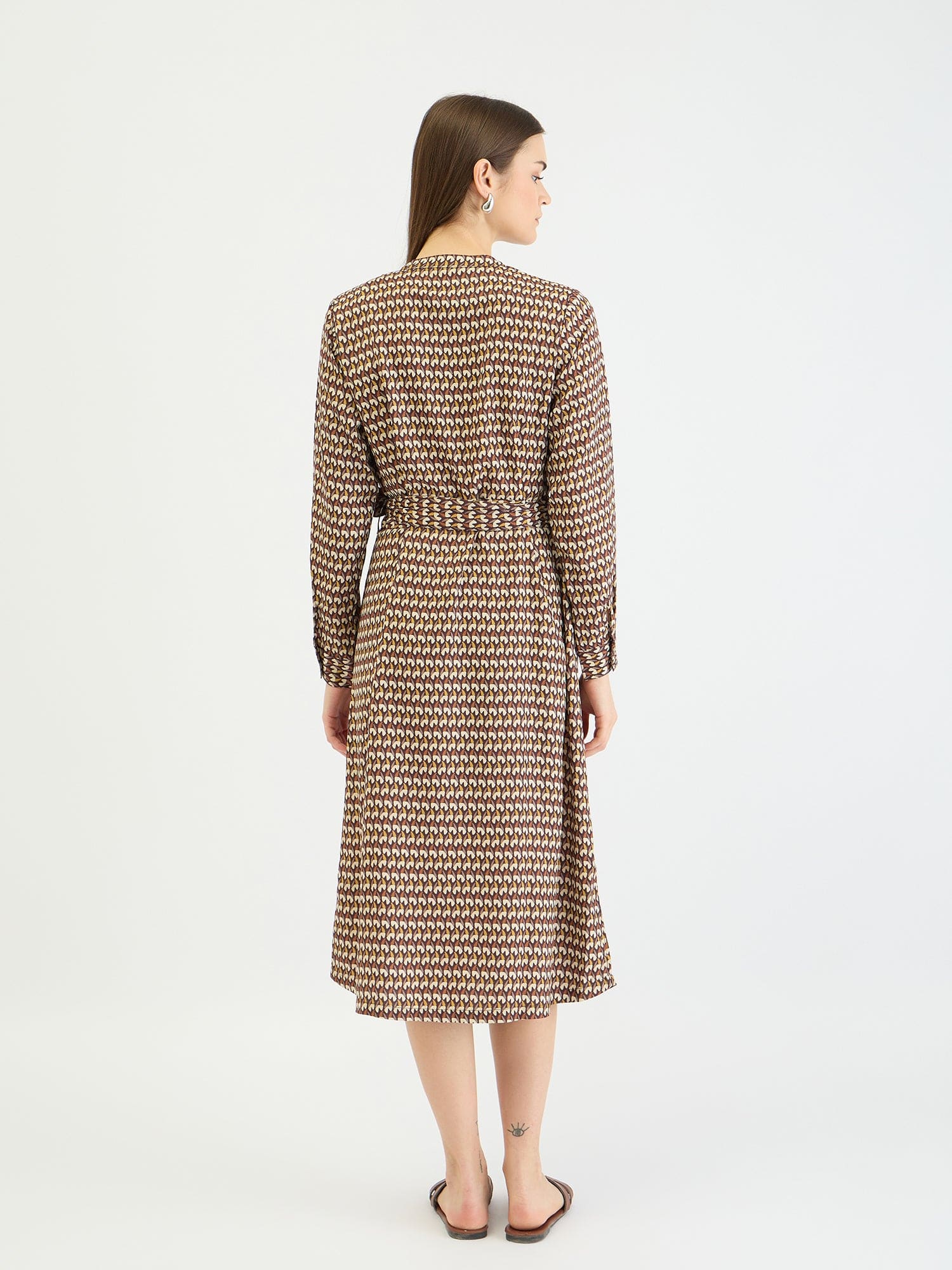 Elle Women Brown Printed Band Collar Dress