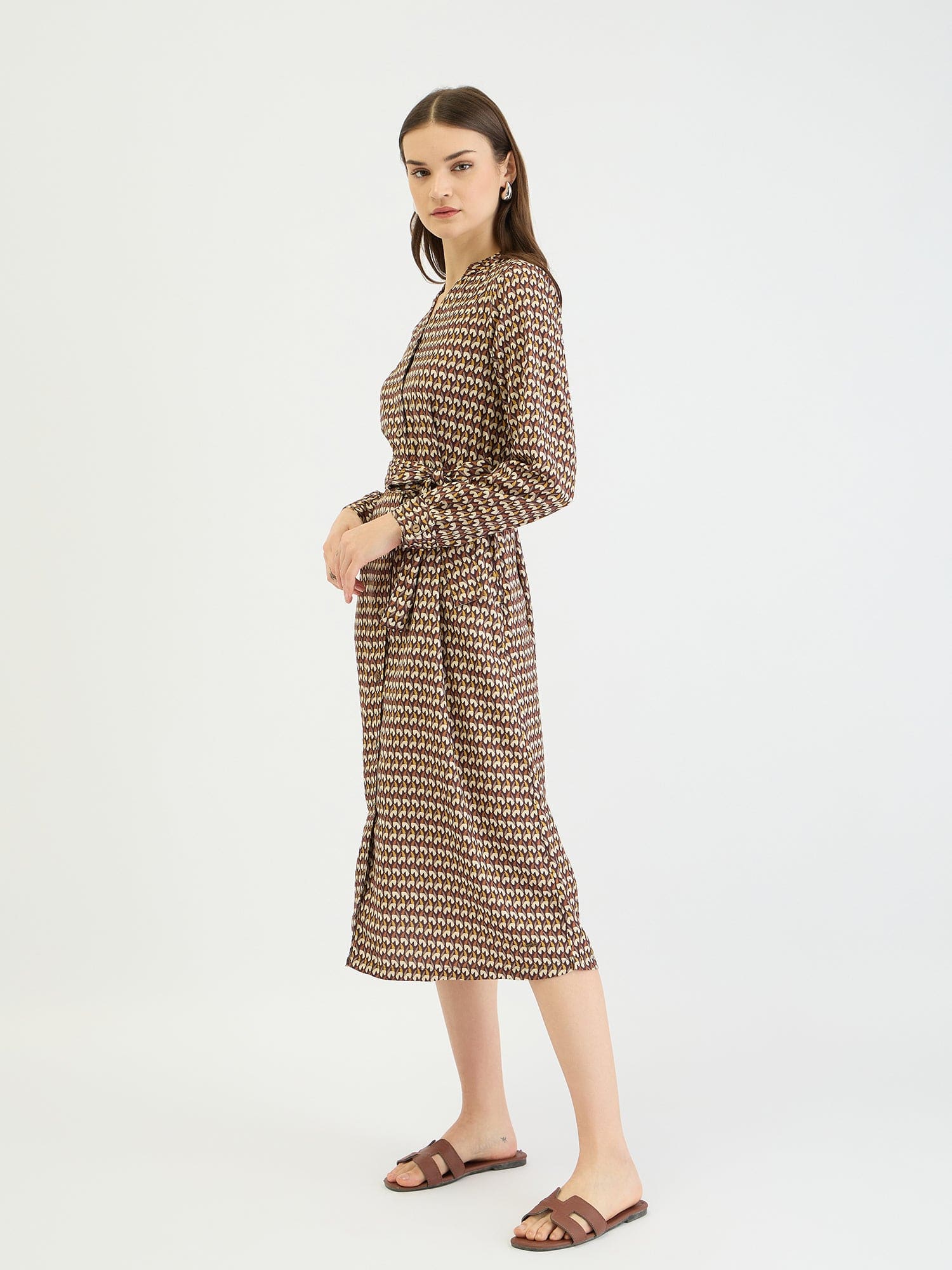 Elle Women Brown Printed Band Collar Dress