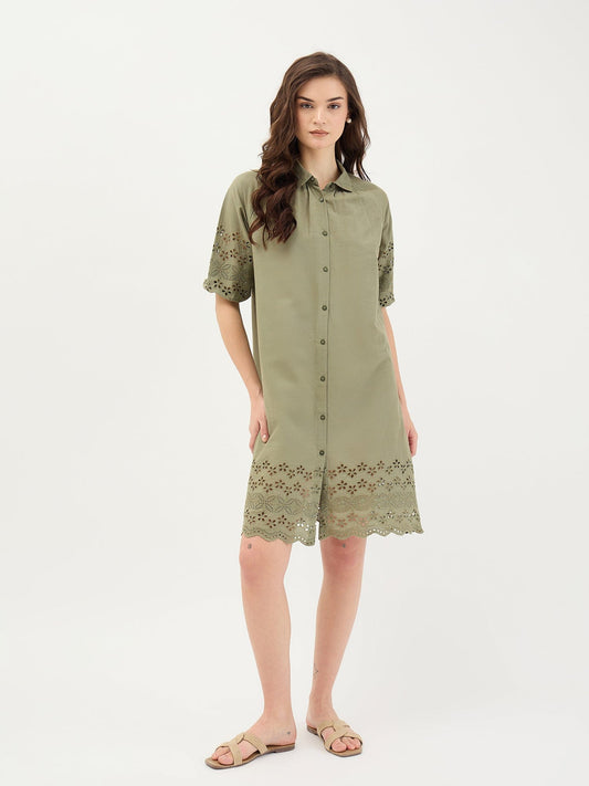 Elle Women Green Solid Collar Dress