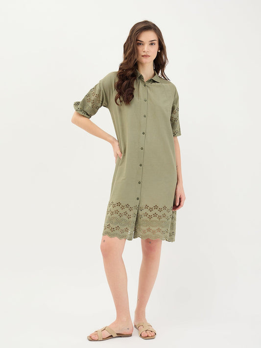 Elle Women Green Solid Collar Dress