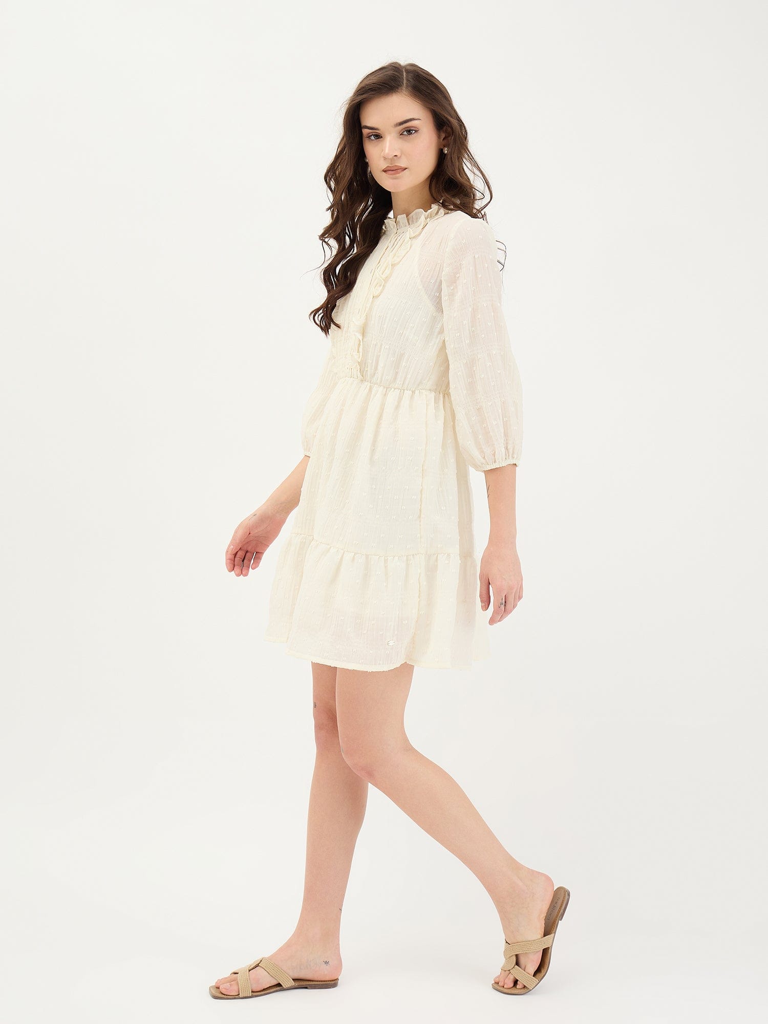 Elle Women White Textured Round Neck Dress