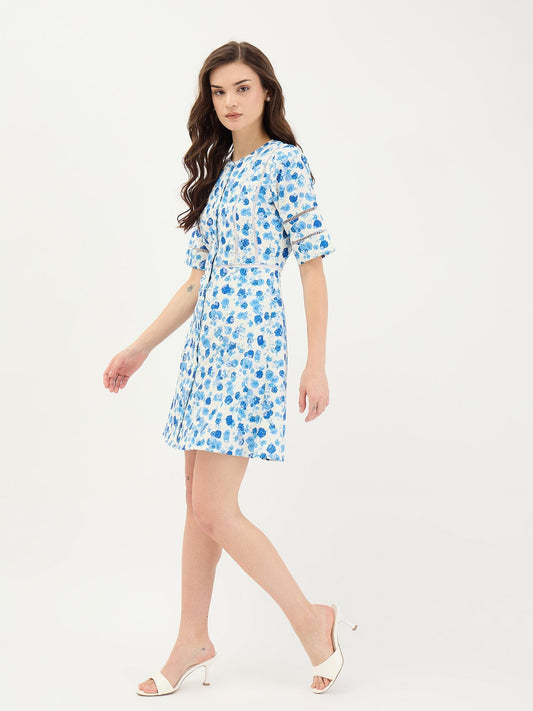 Elle Women Blue Printed Round Neck Dress