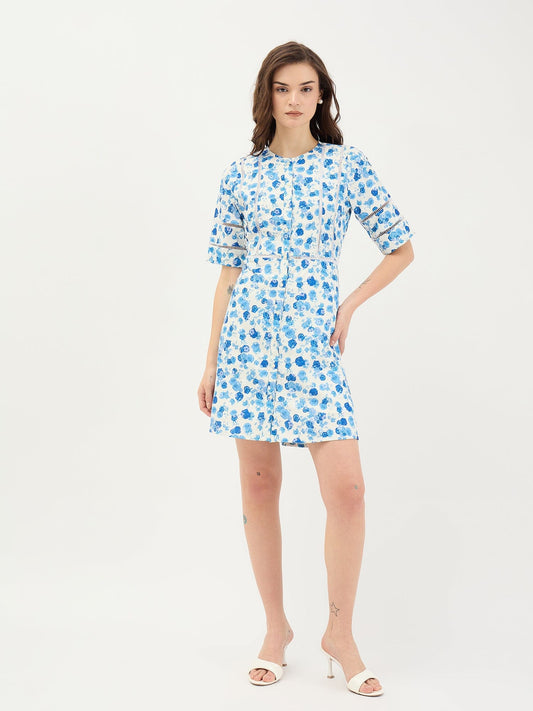 Elle Women Blue Printed Round Neck Dress
