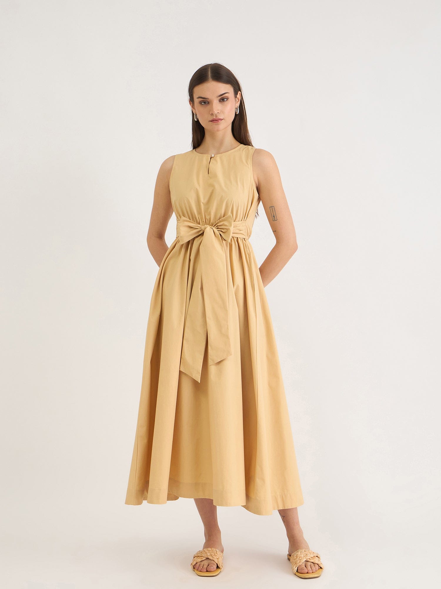 Elle Women Beige Solid Round Neck Dress