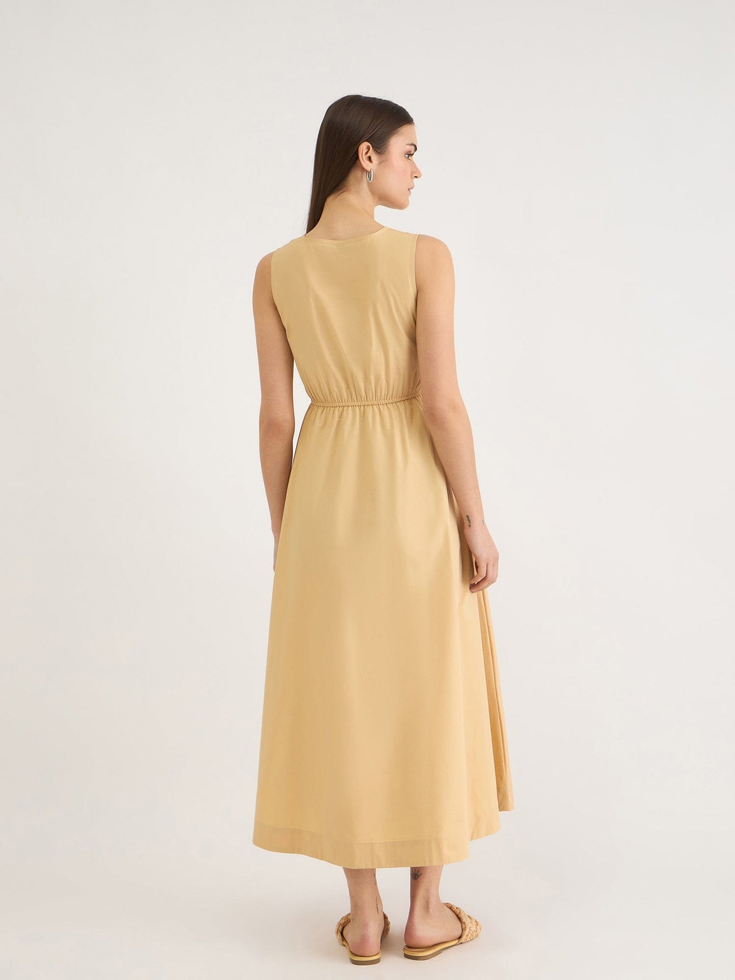 Elle Women Beige Solid Round Neck Dress