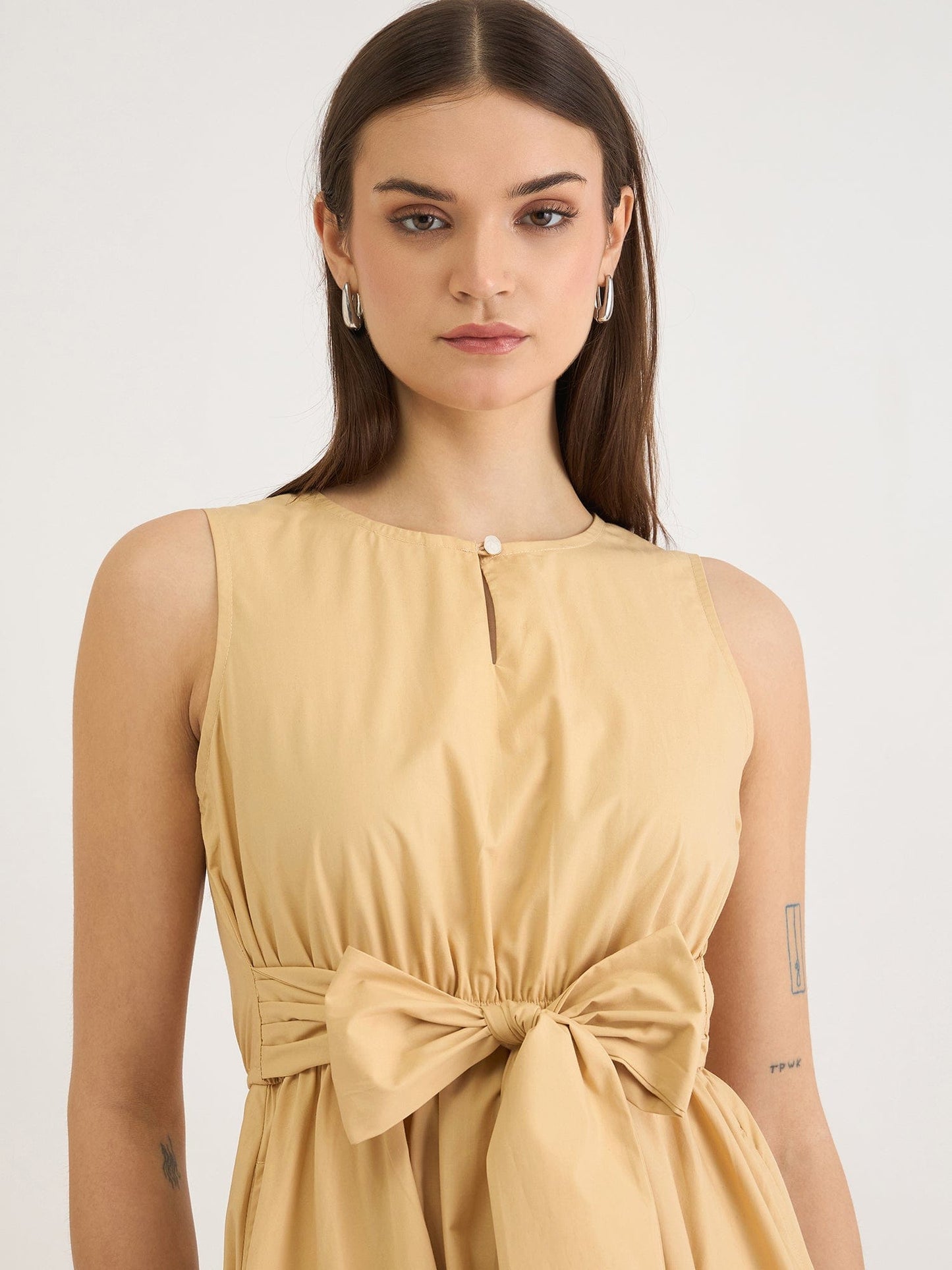 Elle Women Beige Solid Round Neck Dress