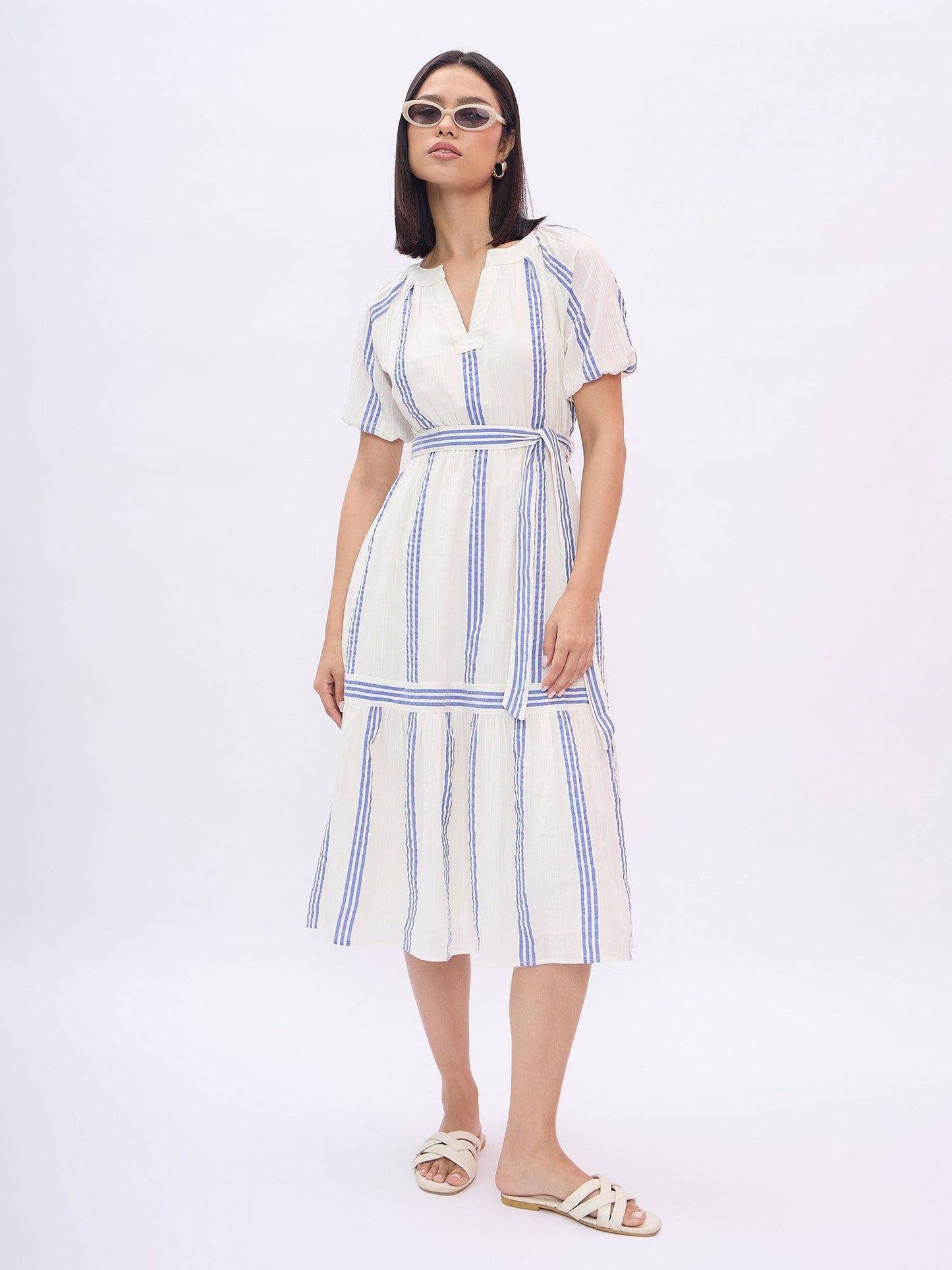 Elle Women White Striped V Neck Dress