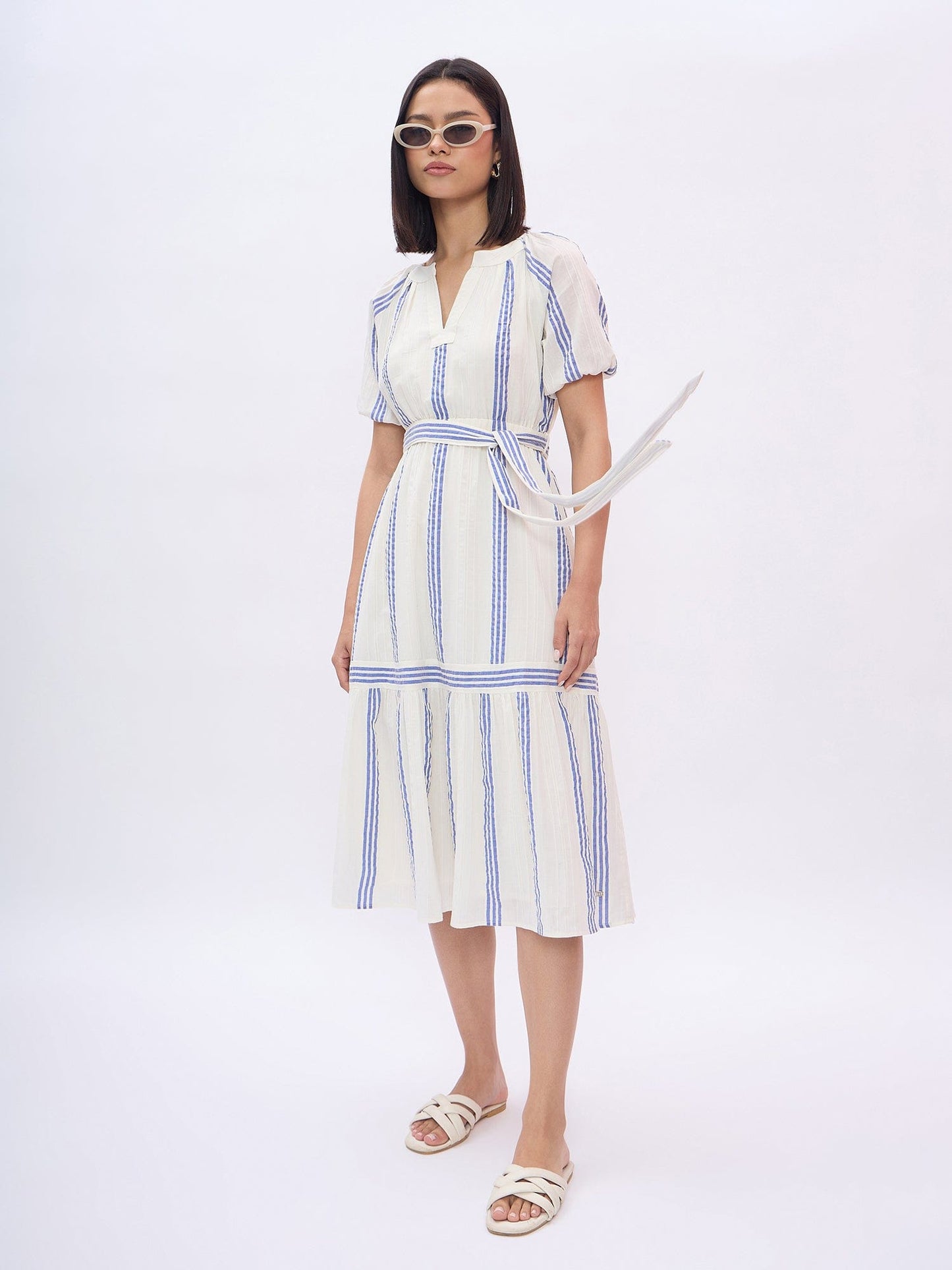 Elle Women White Striped V Neck Dress
